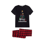 We Wish You A Merry Christmas Tree Family Pajamas Set - Black Top Red Pants Red Plaid Pattern Christmas Tree Letter Print