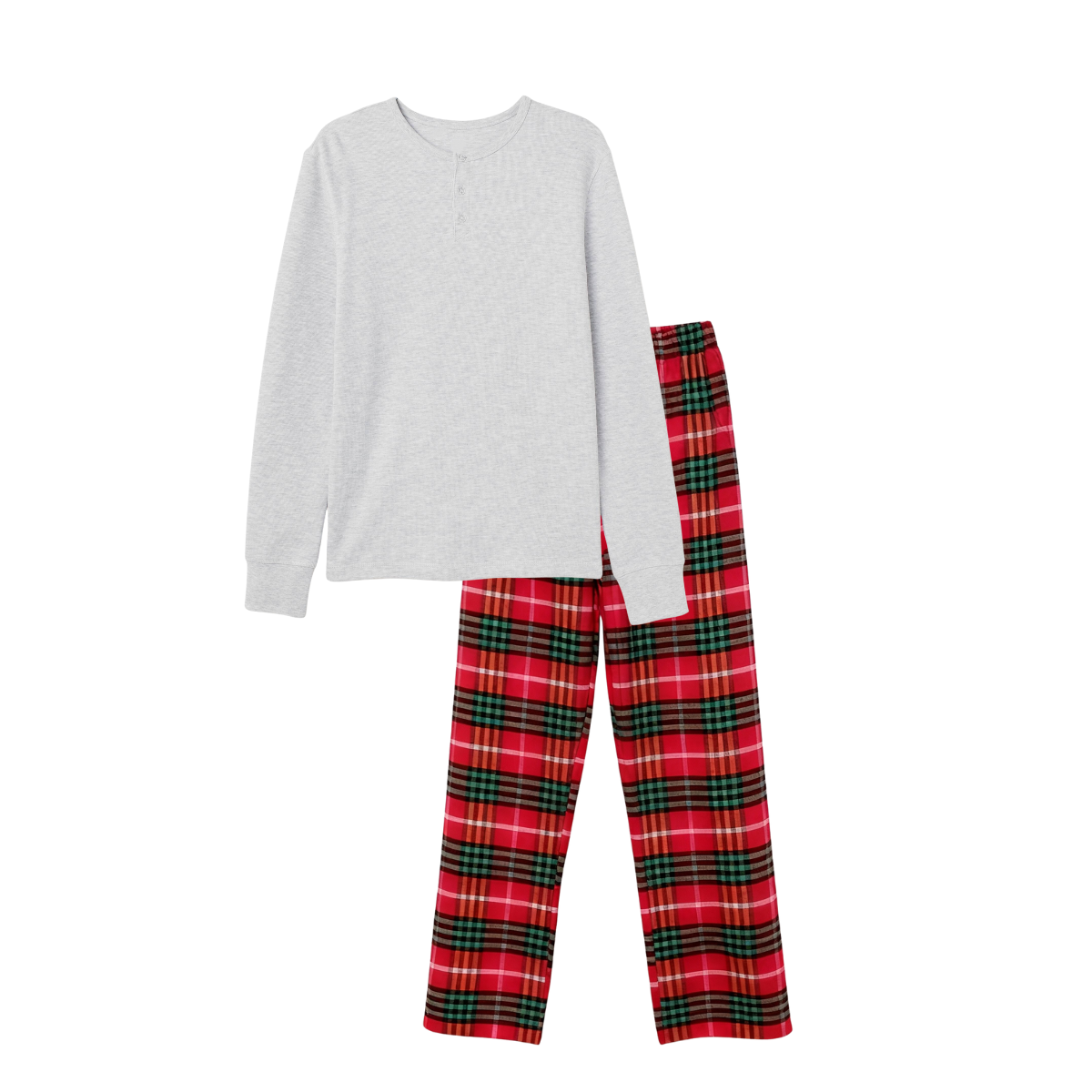 Couple Holiday Pajamas Set –  Button-Front Gray Tee with Plaid Pants