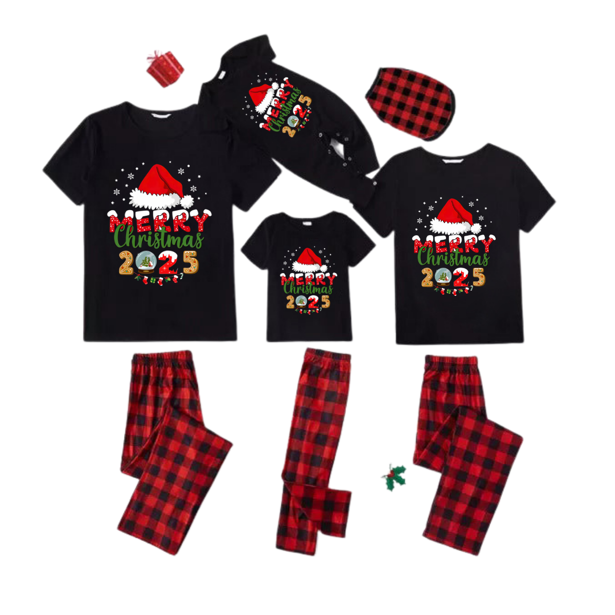 Red and Black Plaid Short Sleeve Christmas Pajamas Set With Santa Hat and "Merry Christmas 2025" Text Print