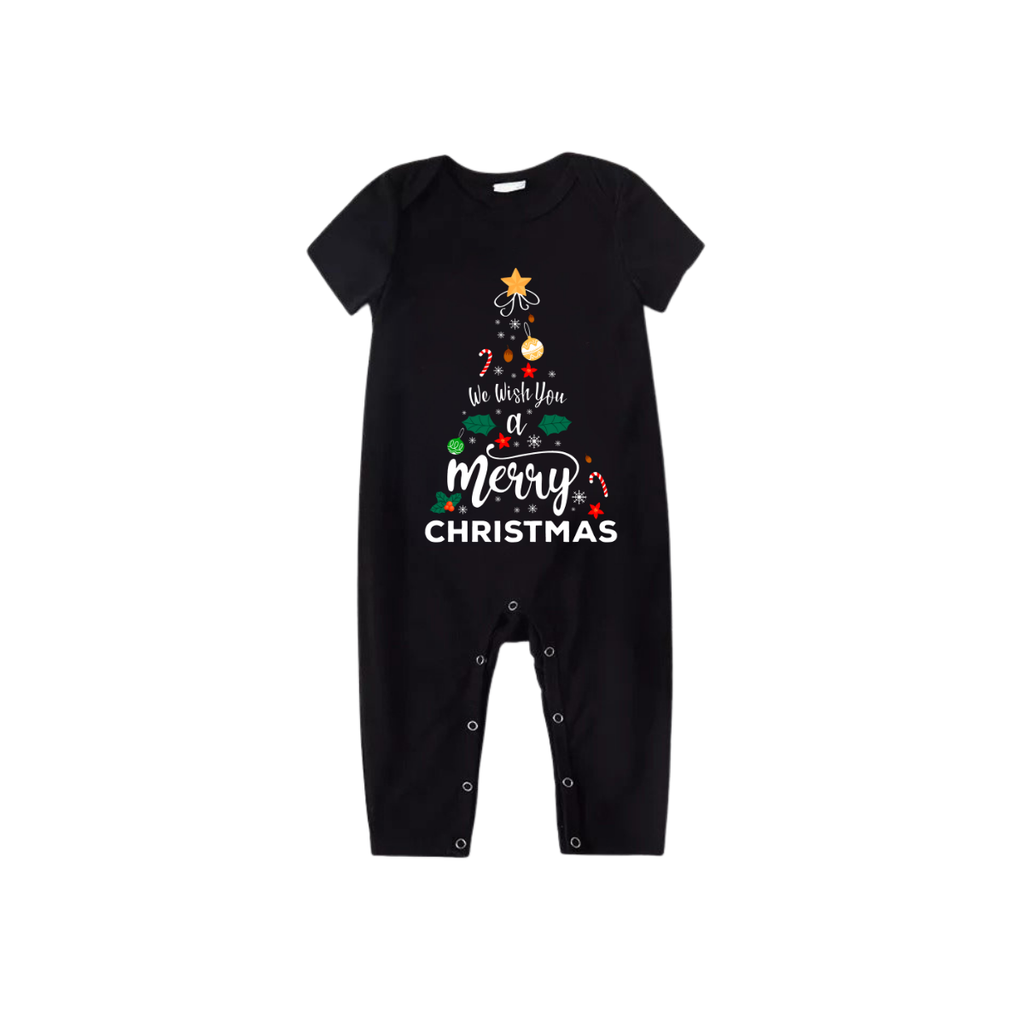 We Wish You A Merry Christmas Tree Family Pajamas Set - Black Top Red Pants Red Plaid Pattern Christmas Tree Letter Print