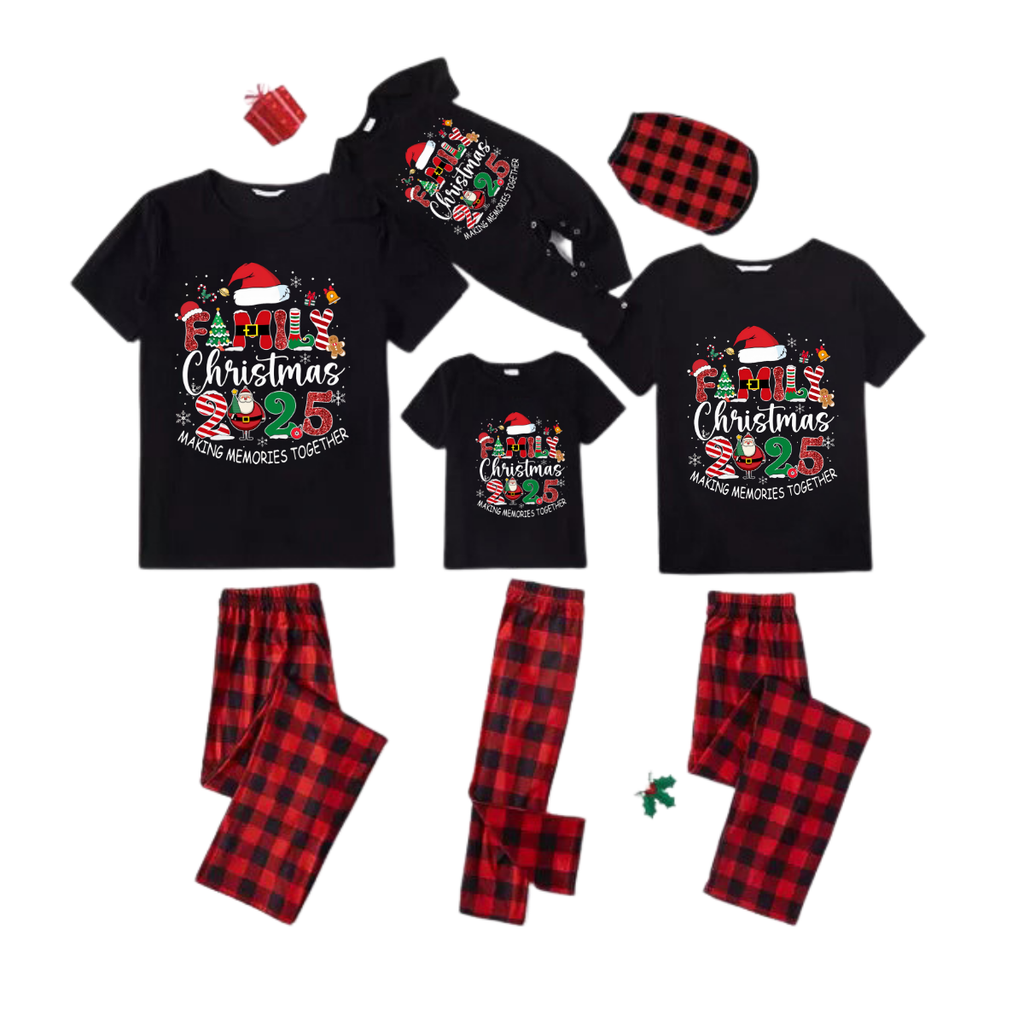 Red and Black Plaid Short Sleeve Christmas Pajamas Set With "Family Christmas 2025 Making Memories Together" Text Print