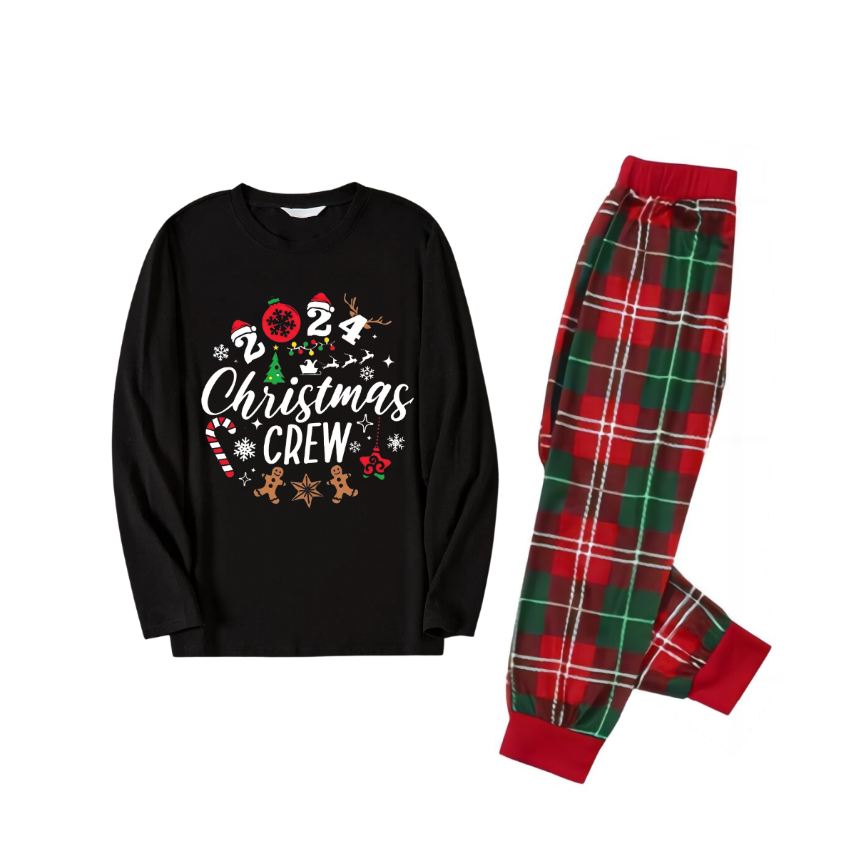"2024 Christmas Crew" Text and Christmas Pattern Printed Red and Green Plaid Family Matching Pajamas