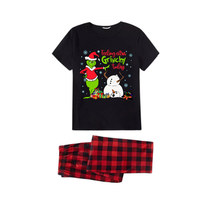 Red and Black Plaid Short Sleeve Christmas Pajamas Set With Grinch and Snowman Print