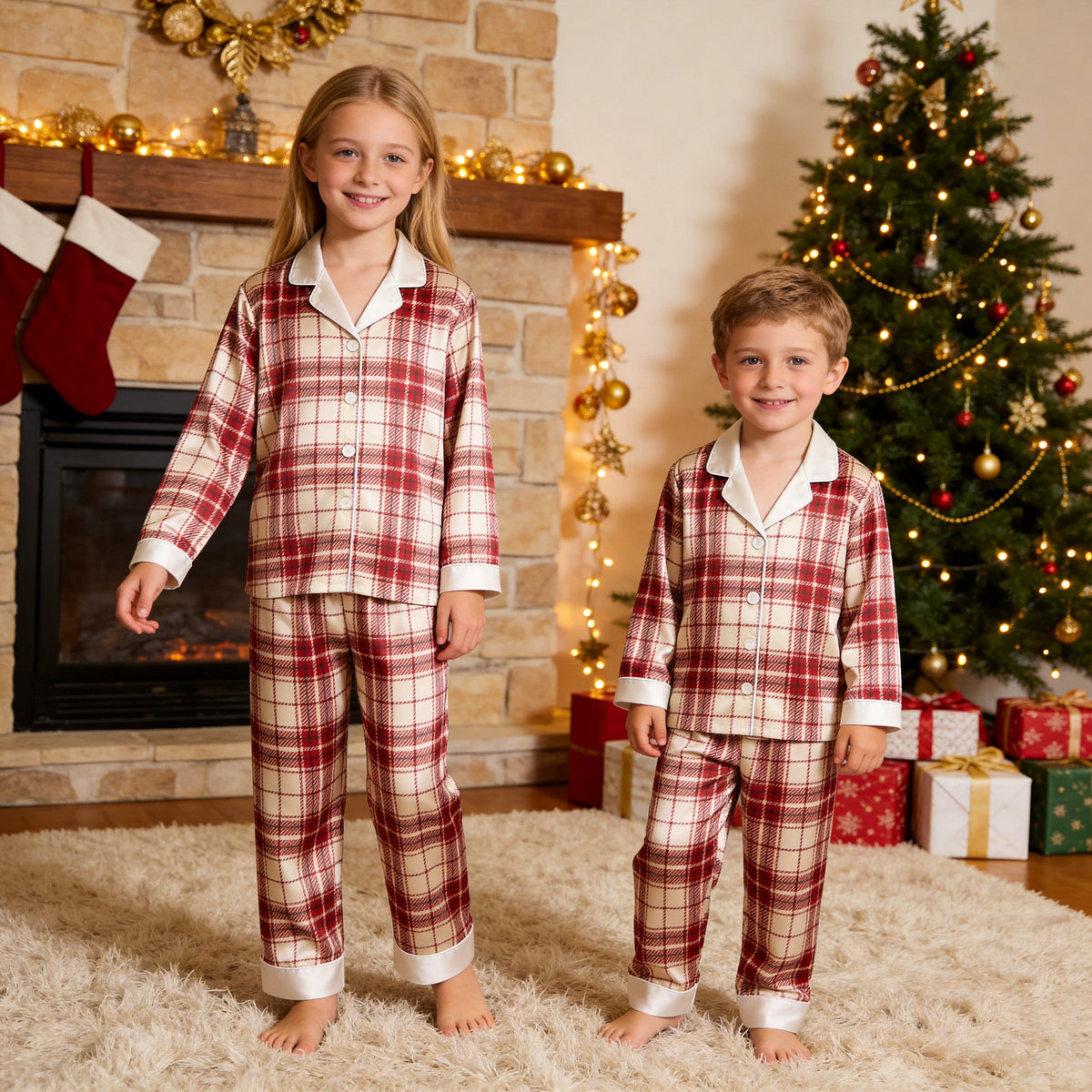 Red and Cream Plaid Satin Button-Up Family Christmas Pajamas Set