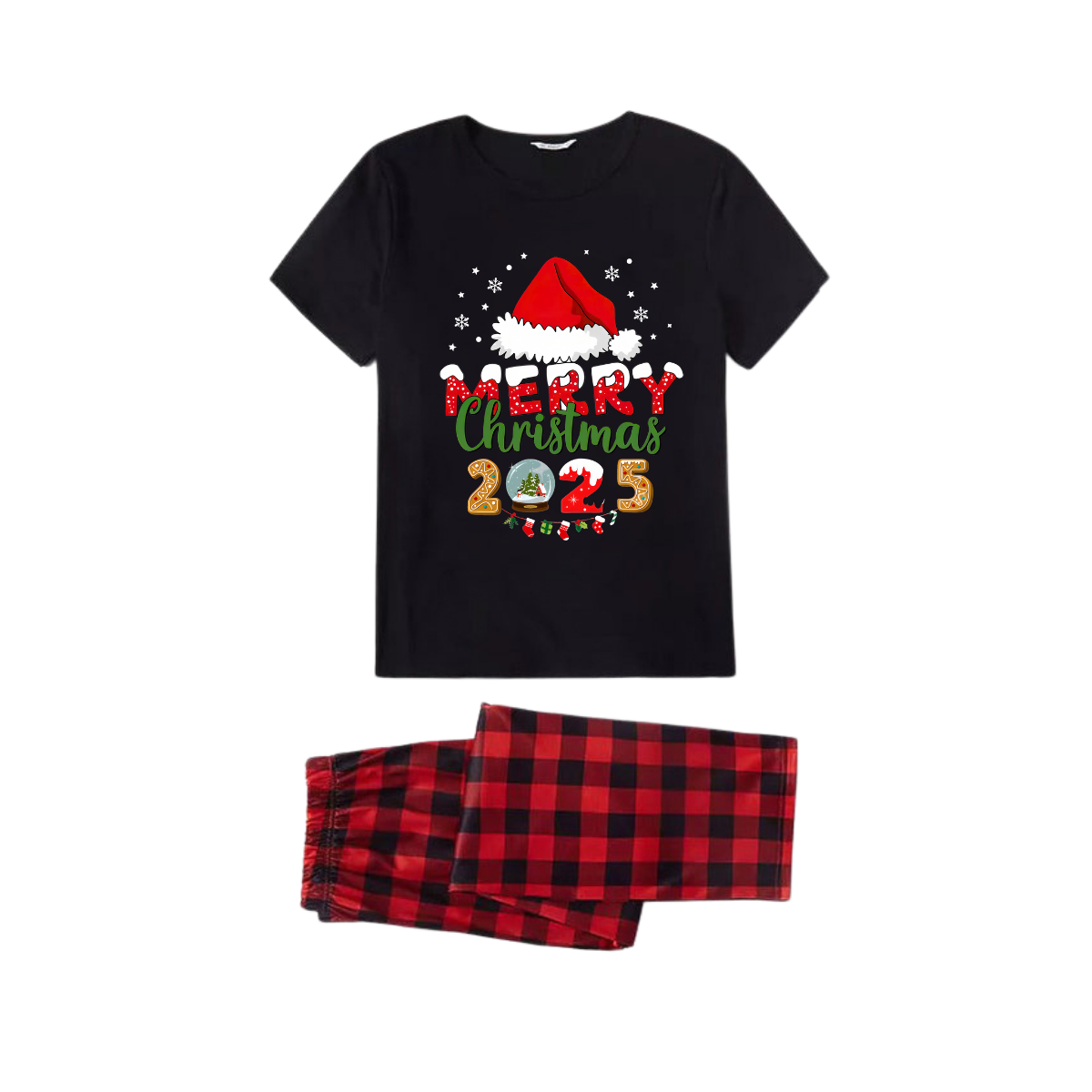 Red and Black Plaid Short Sleeve Christmas Pajamas Set With Santa Hat and "Merry Christmas 2025" Text Print