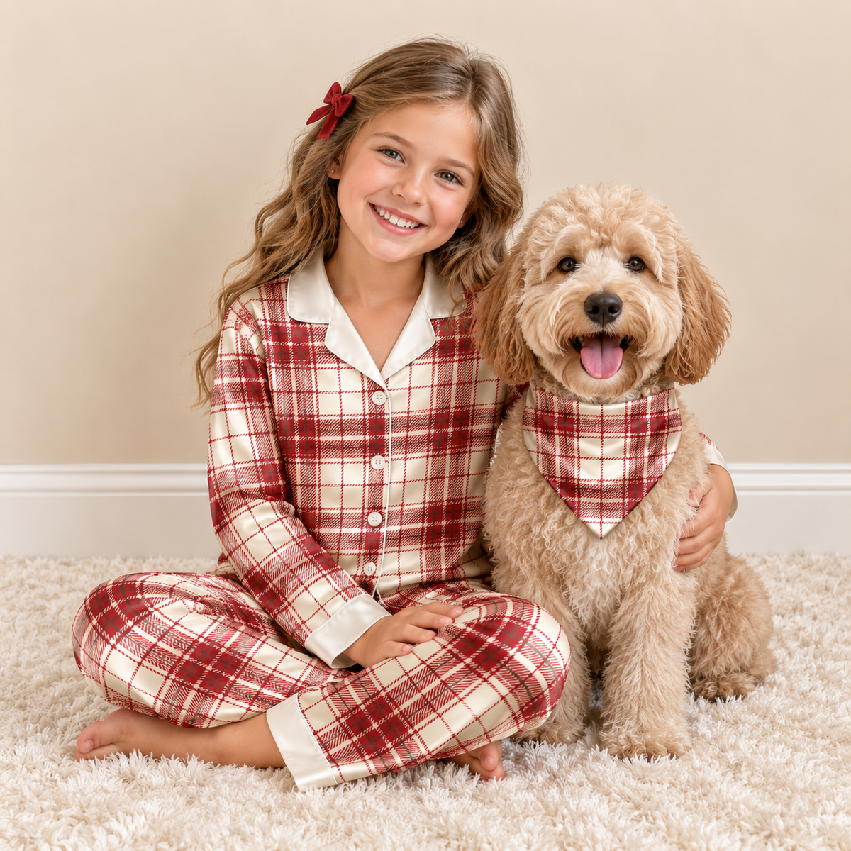 Red and Cream Plaid Satin Button-Up Family Christmas Pajamas Set