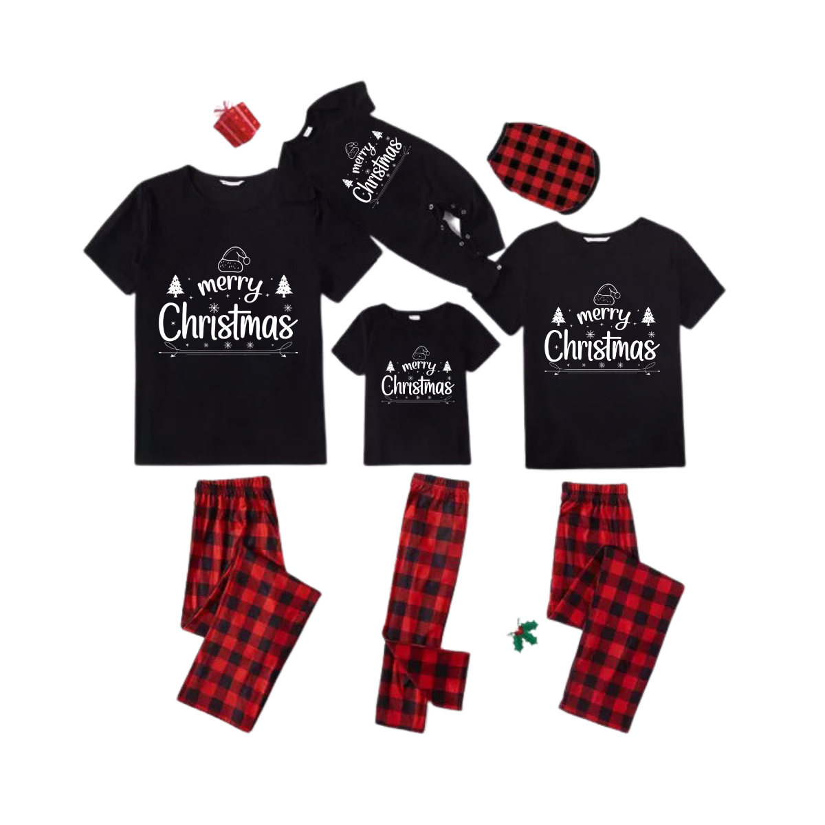 Merry Christmas White Letter Family Pajamas Set - Black Top Red Pants Red Plaid Pattern Letter Print