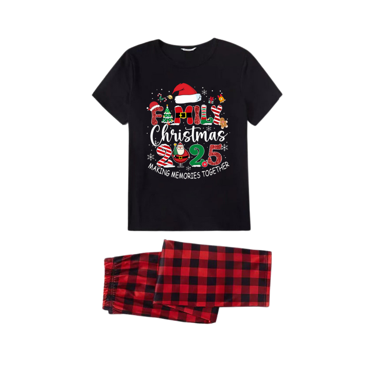 Red and Black Plaid Short Sleeve Christmas Pajamas Set With "Family Christmas 2025 Making Memories Together" Text Print