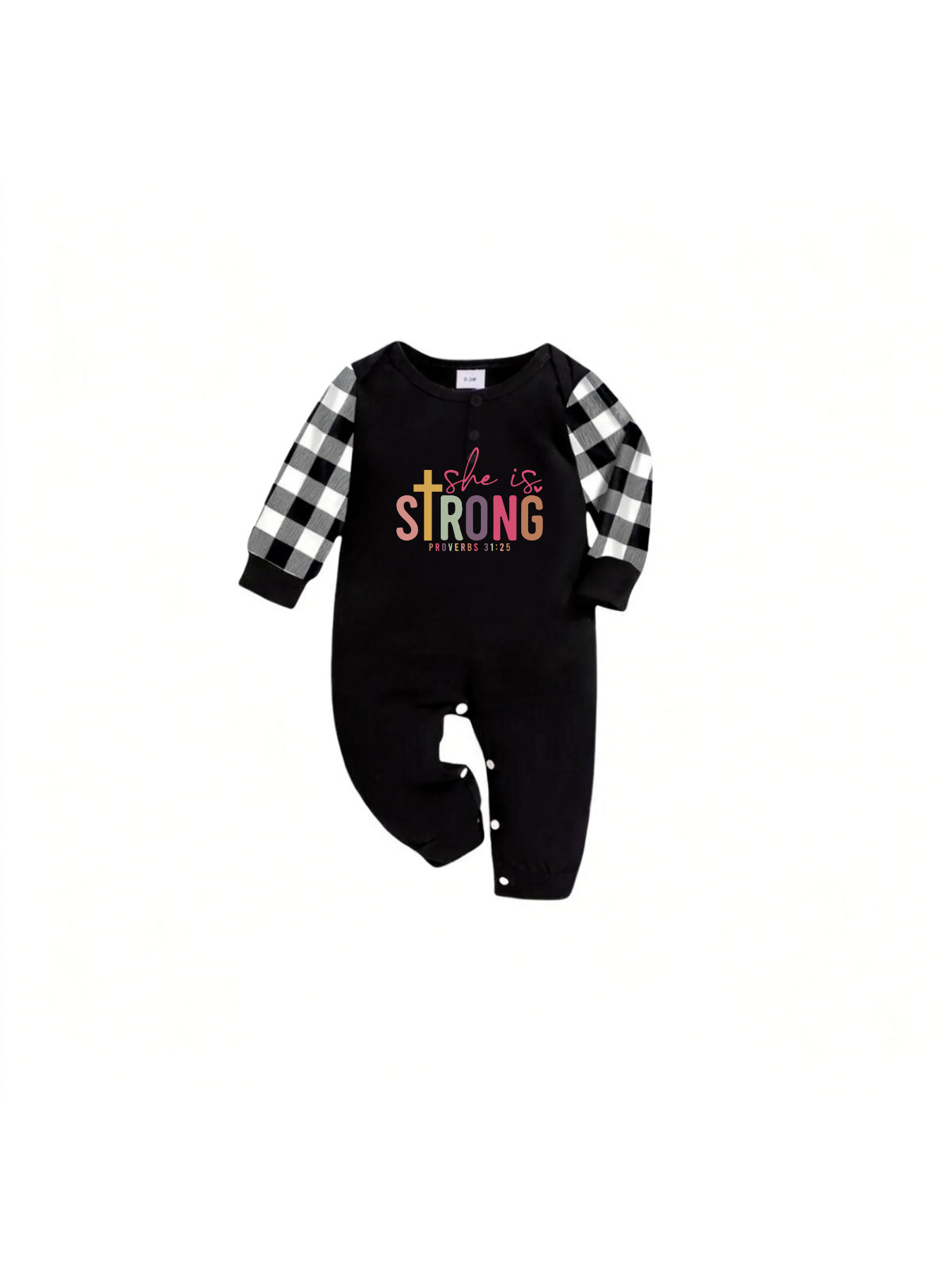 She Is Strong PROVERBS 31:25 Text Printed Black Short Sleeve and Black&White Plaid Pants Family Matching Pajamas Set