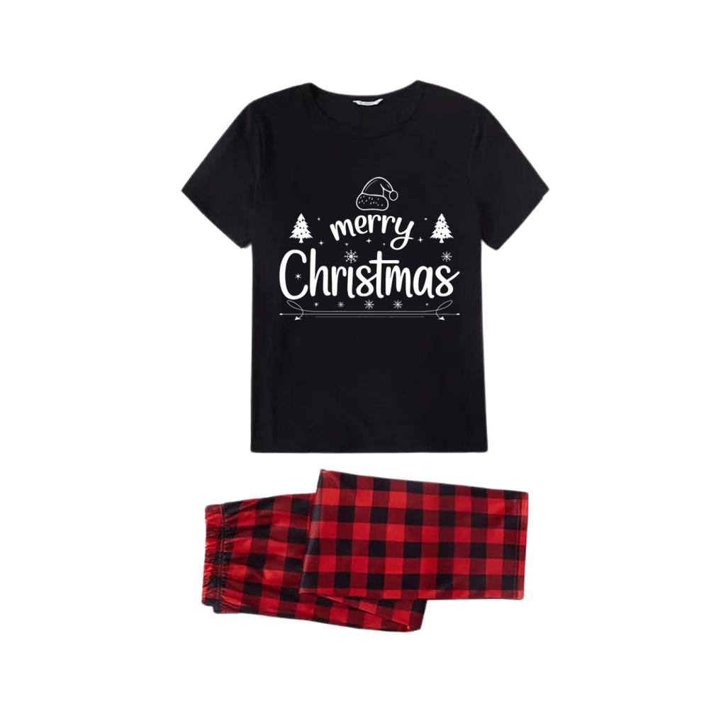 Merry Christmas White Letter Family Pajamas Set - Black Top Red Pants Red Plaid Pattern Letter Print