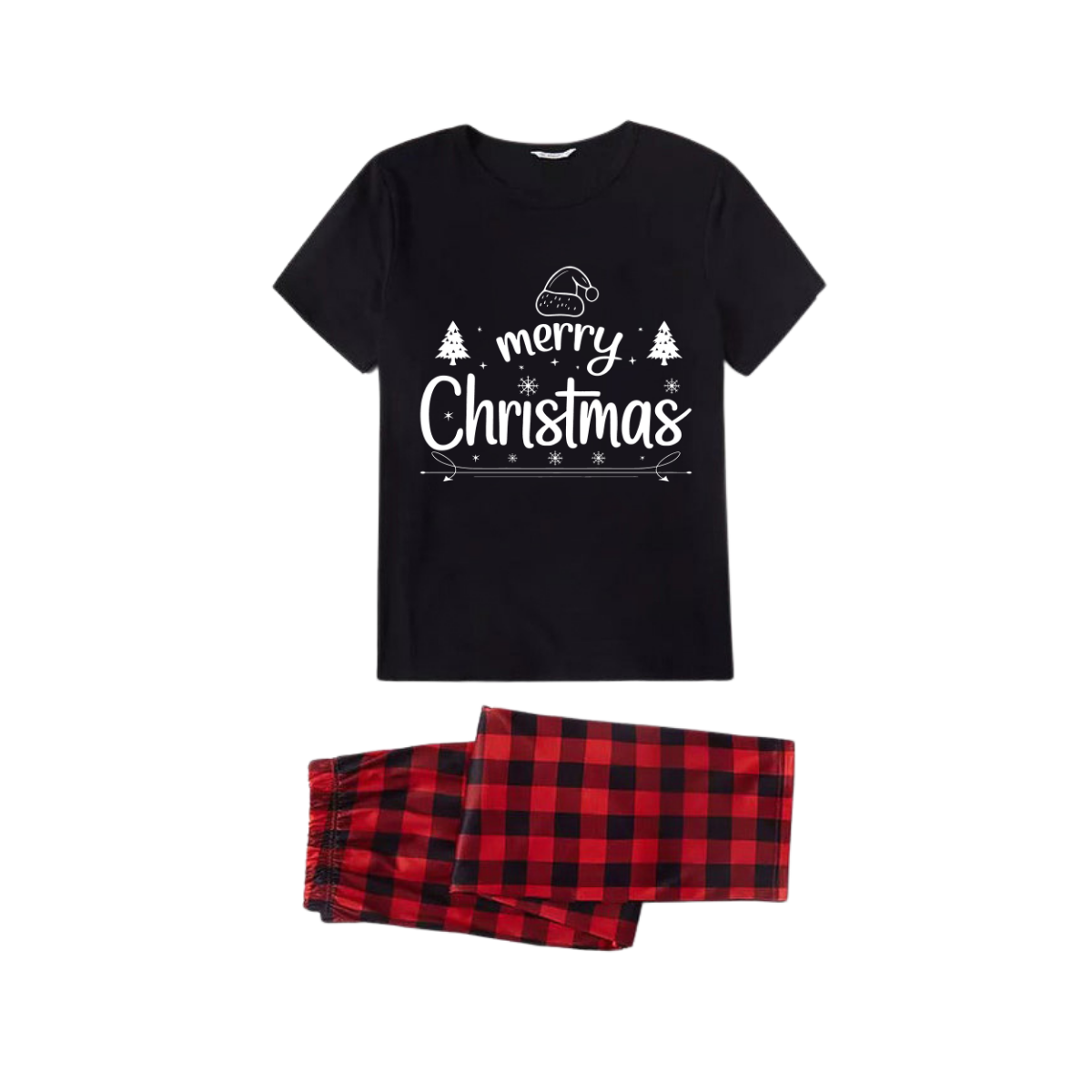Merry Christmas White Letter Family Pajamas Set - Black Top Red Pants Red Plaid Pattern Letter Print