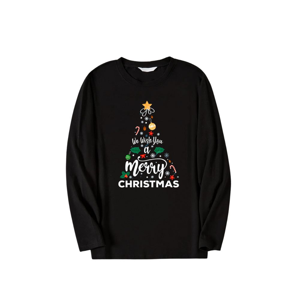 "We Wish You a Merry Christmas" Printed Black & Green Plaid Pants Family Matching Pajamas