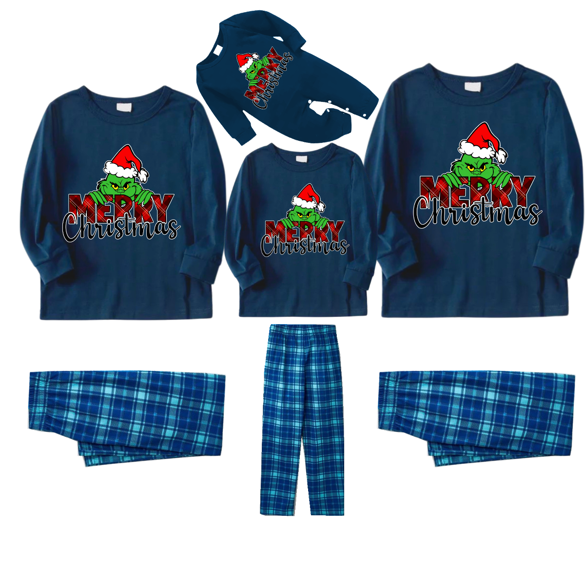 "Merry Christmas" Letter Print 2026 Green Elf Cartoon Pattern Blue Long Sleeve Top With Blue Plaid Family Matching Pajamas