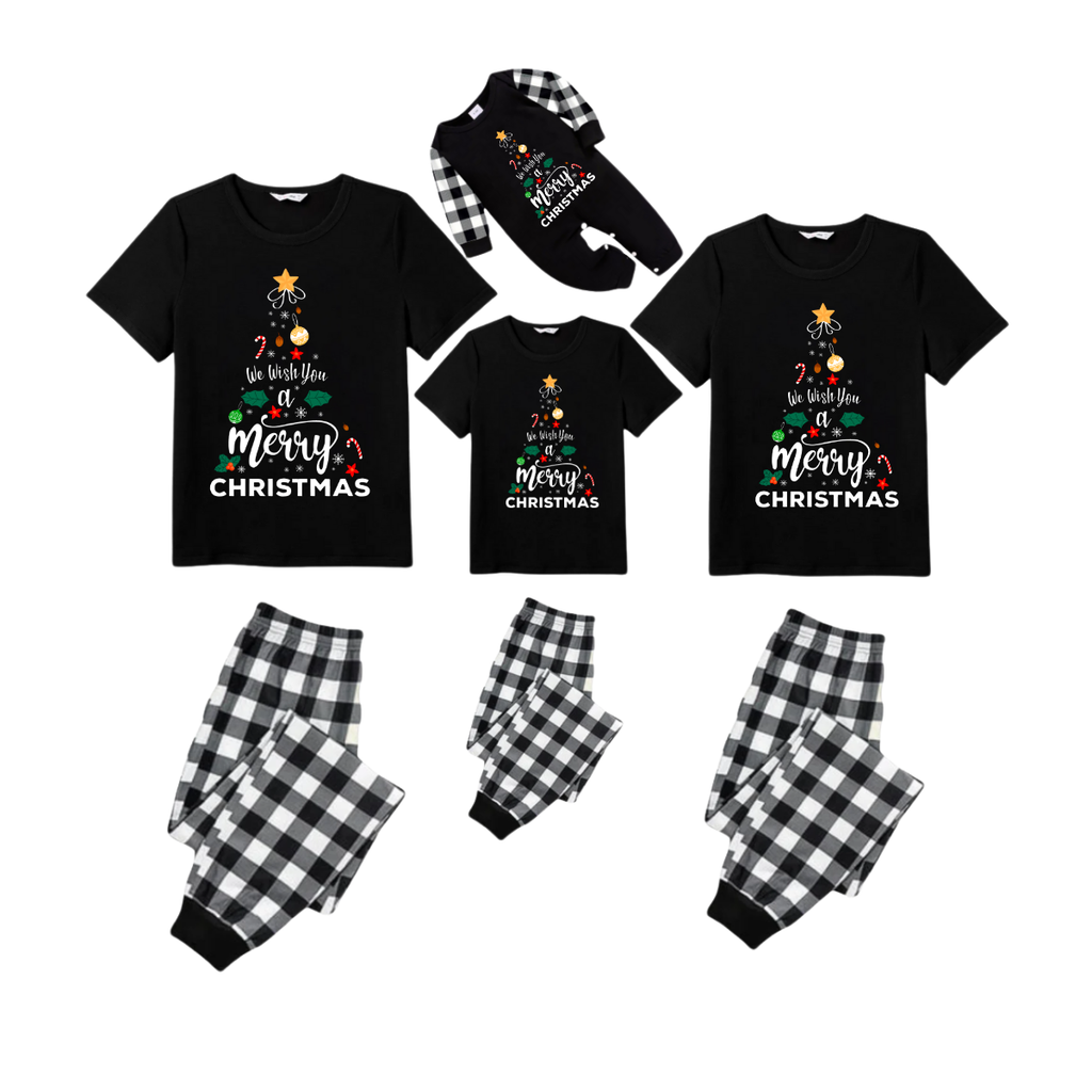 Snoopy and Woodstock Christmas Tree Family Pajamas Set - Black Top Black and White Plaid Pants Cute Graphic