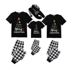 Snoopy and Woodstock Christmas Tree Family Pajamas Set - Black Top Black and White Plaid Pants Cute Graphic