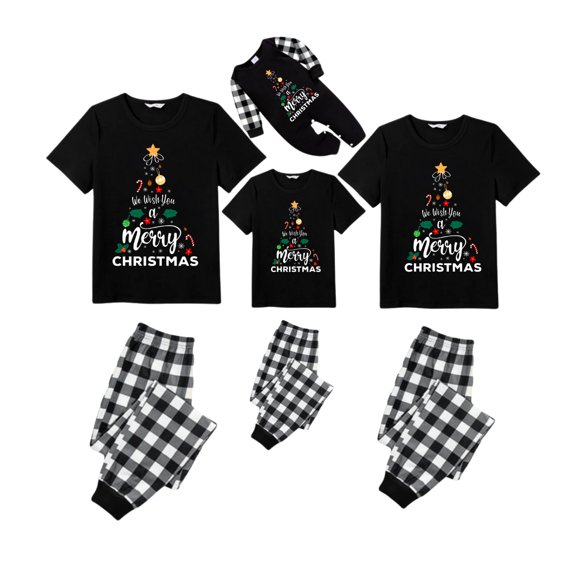 Snoopy and Woodstock Christmas Tree Family Pajamas Set - Black Top Black and White Plaid Pants Cute Graphic