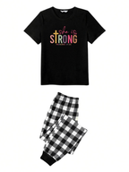 She Is Strong PROVERBS 31:25 Text Printed Black Short Sleeve and Black&White Plaid Pants Family Matching Pajamas Set