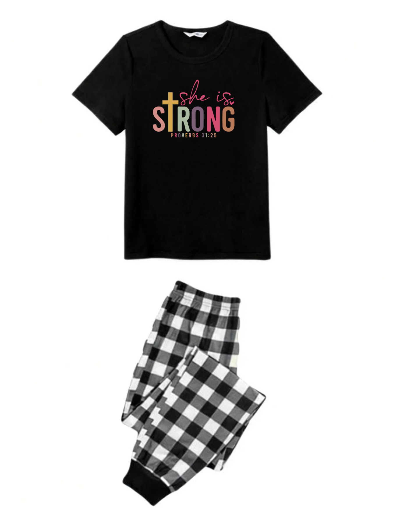 She Is Strong PROVERBS 31:25 Text Printed Black Short Sleeve and Black&White Plaid Pants Family Matching Pajamas Set