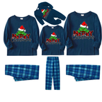 "Merry Christmas" Letter Print 2025 Green Elf Cartoon Pattern Blue Long Sleeve Top With Blue Plaid Family Matching Pajamas