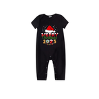 Red and Black Plaid Short Sleeve Christmas Pajamas Set With Santa Hat and "Merry Christmas 2025" Text Print