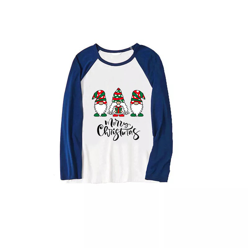 Merry Christmas Cute Gnome Print Casual Long Sleeve Sweatshirts Blue Sleeve Contrast Tops and Blue Plaid Pants Family Matching Pajamas Sets With Dog Bandan