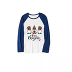 Merry Christmas Cute Gnome Print Casual Long Sleeve Sweatshirts Blue Sleeve Contrast Tops and Blue Plaid Pants Family Matching Pajamas Sets With Dog Bandan
