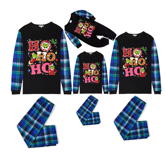 Blue and Green Plaid Christmas Pajamas Set With Grinch and "HO HO HO" Text Print