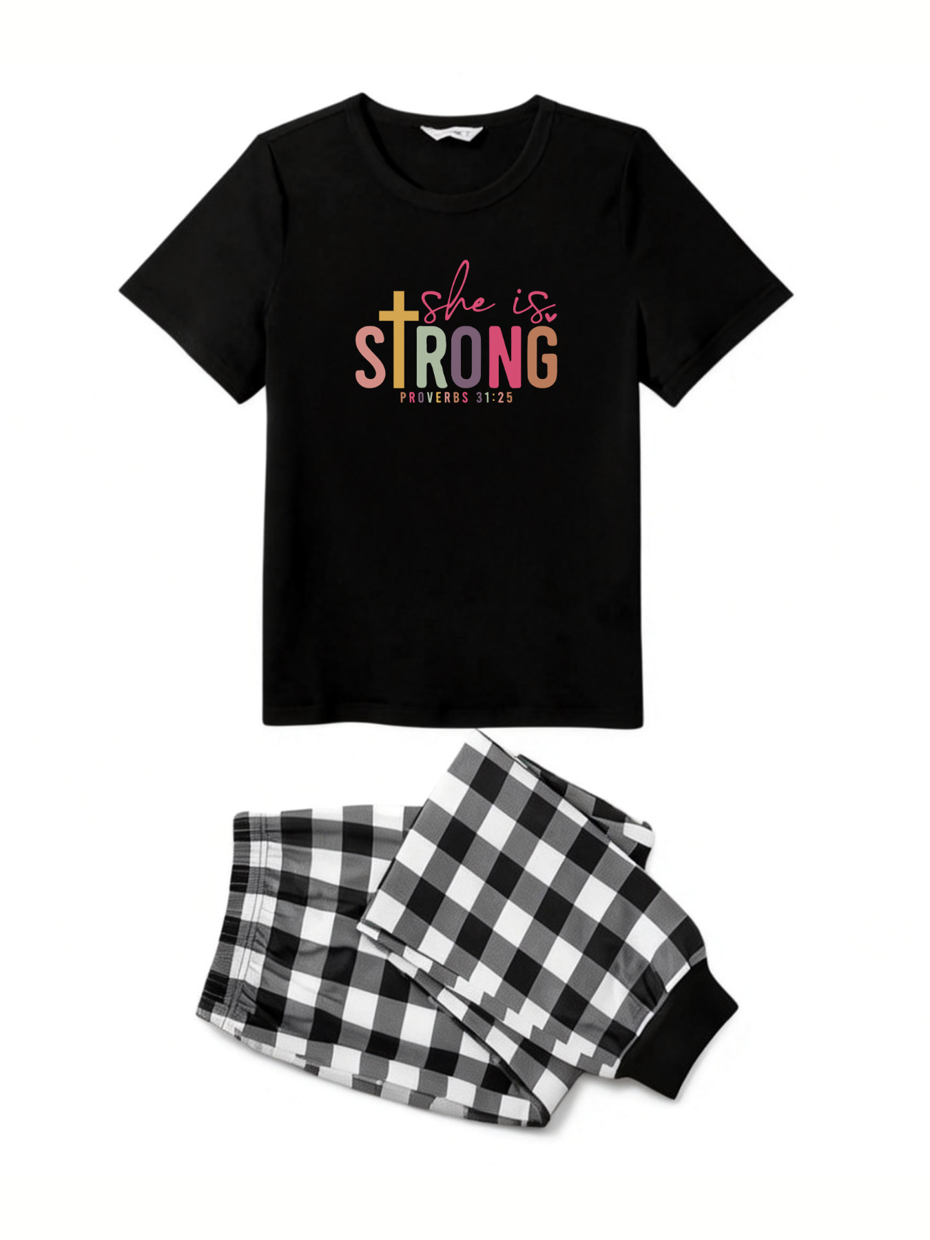 She Is Strong PROVERBS 31:25 Text Printed Black Short Sleeve and Black&White Plaid Pants Family Matching Pajamas Set