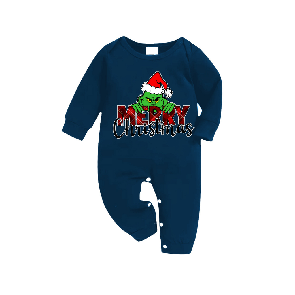 "Merry Christmas" Letter Print 2025 Green Elf Cartoon Pattern Blue Long Sleeve Top With Blue Plaid Family Matching Pajamas