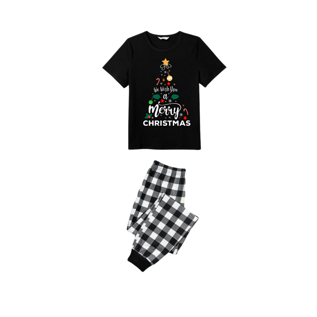 Snoopy and Woodstock Christmas Tree Family Pajamas Set - Black Top Black and White Plaid Pants Cute Graphic