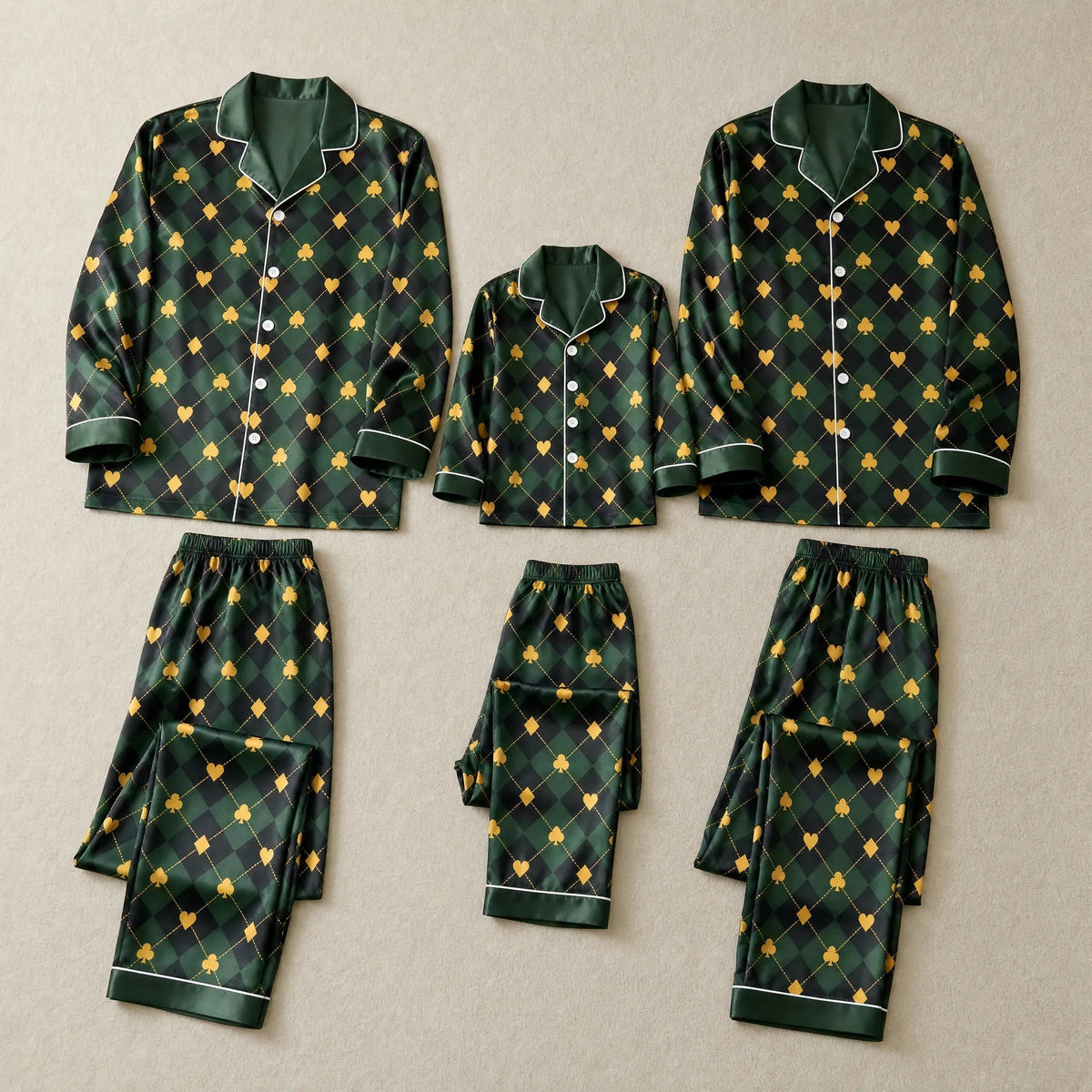 Green Argyle Heart Print Satin Button-Up Family Pajamas Set