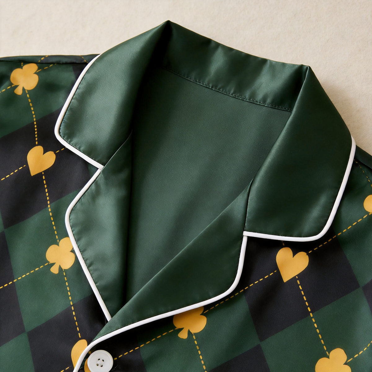 Green Argyle Heart Print Satin Button-Up Family Pajamas Set