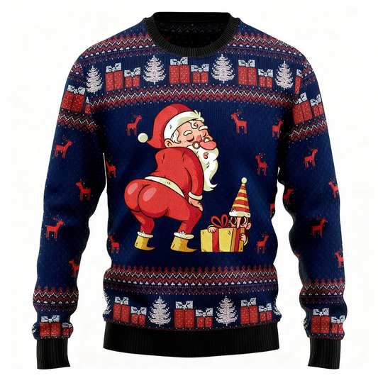 Maximum Cheer, Minimum Effort: Funny Santa Claus Print Holiday Sweater