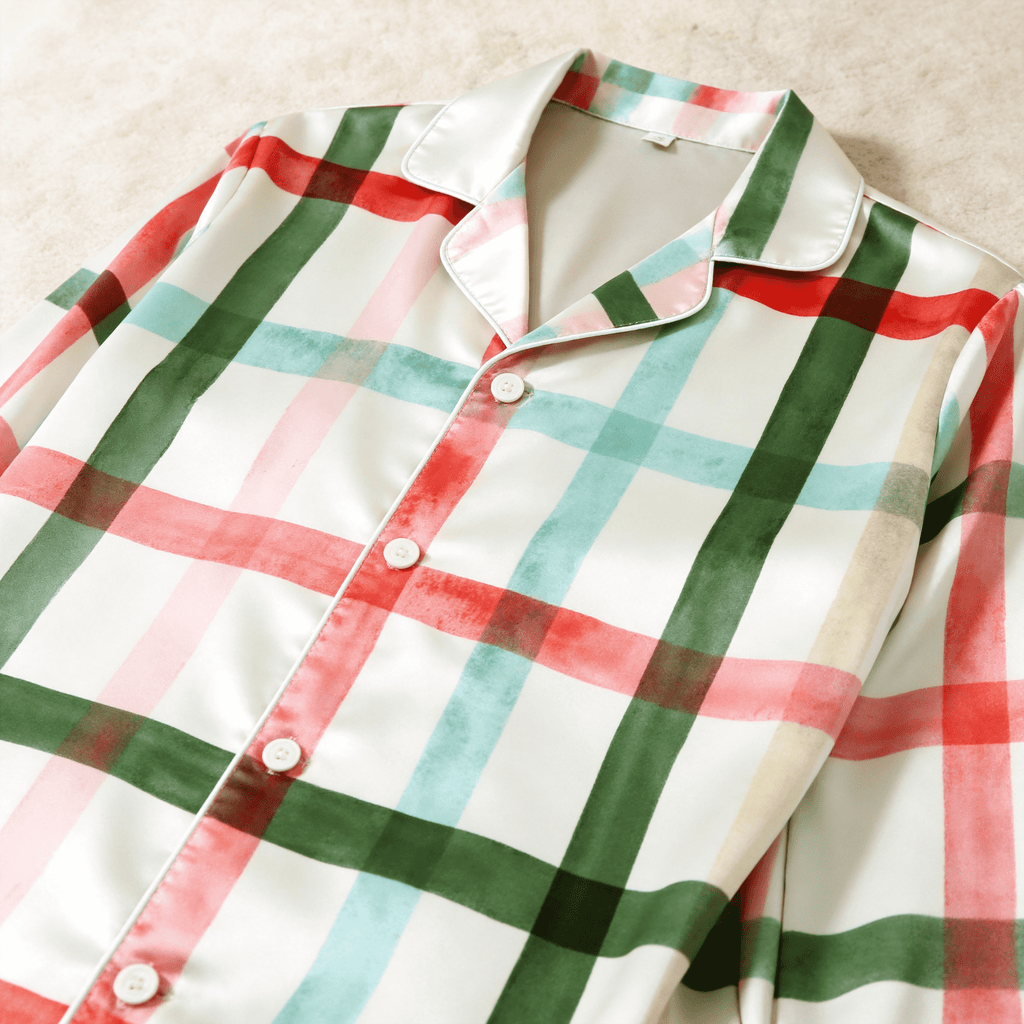 Watercolor Plaid Satin Matching Pajamas for Couples – Long Sleeve Button-Down Top & Pants Sleepwear Set
