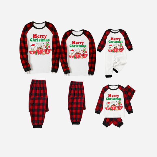 Red and Black Plaid Christmas Pajamas Set With "Merry Christmas" and Cartoon Pattern Print