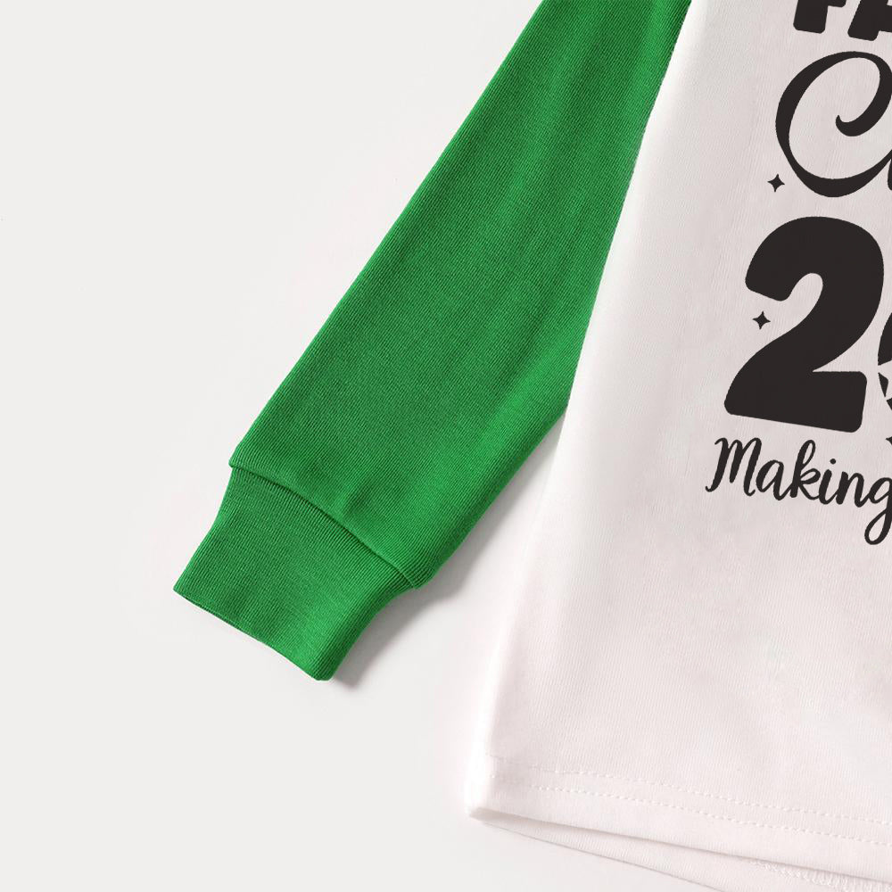 Christmas Tree & "2024 Making Memories Together" Patterned Green Sleeve Contrast Tops and Black and Green Plaid Pants Family Matching Raglan Long-sleeve Pajamas Sets With Dog Bandana