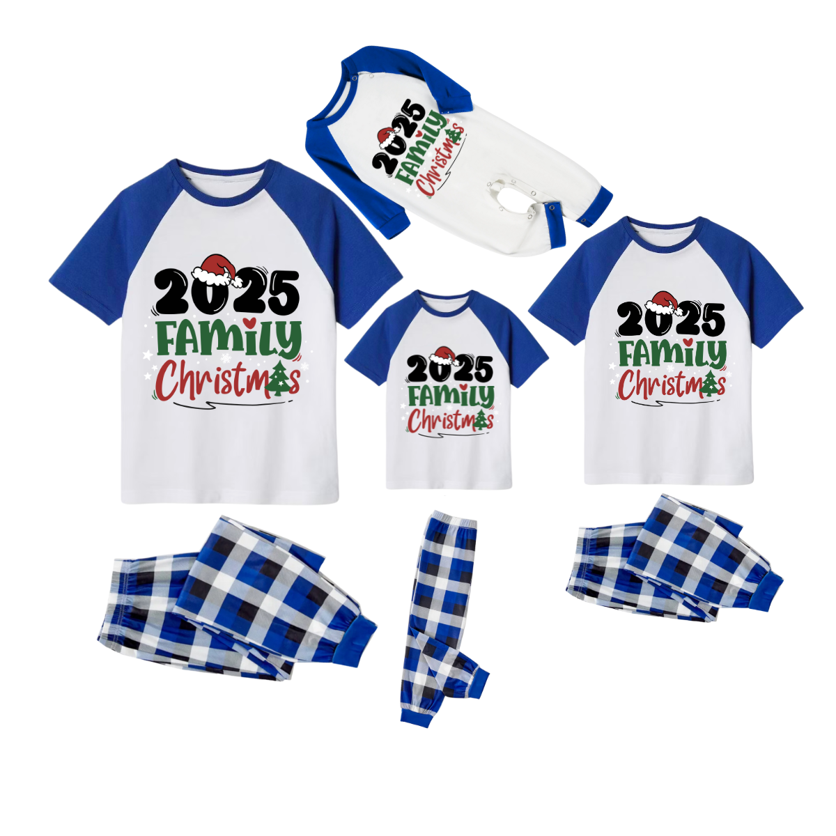 2025 Family Christmas Pajamas Set - White Top Blue Sleeves Blue Plaid Pants Green and Red Text Graphic