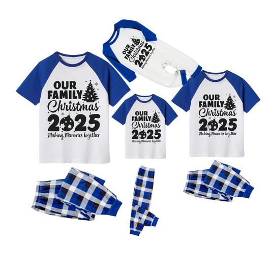 Our Family Christmas 2025 Family Pajamas Set - White Top, Blue Plaid Pants, Blue Sleeves, Christmas Tree and Ornaments Print