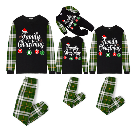 Family Christmas 2025 Pajamas Set - Black Top / Green Plaid Sleeves & Pants / Santa Hat Print