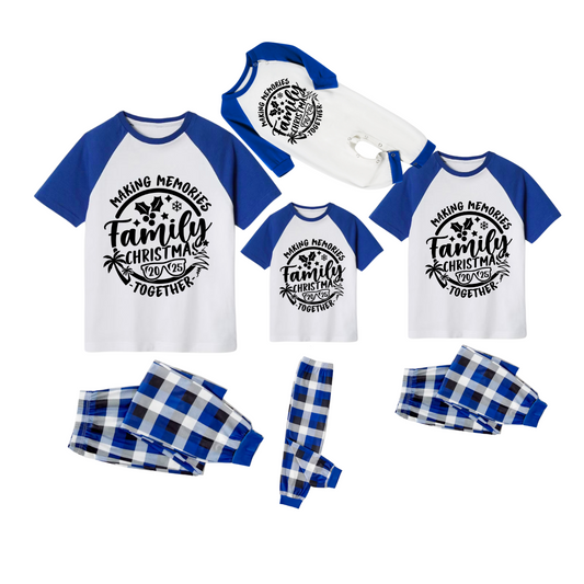 Making Memories Together Family Christmas 2025 Pajamas Set - White Top Blue Sleeves Blue Plaid Pants Black Text Graphic