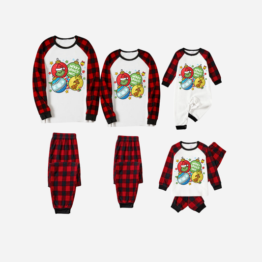 Red and Black Plaid Christmas Pajamas Set With Ball Ornaments and Grinch Print