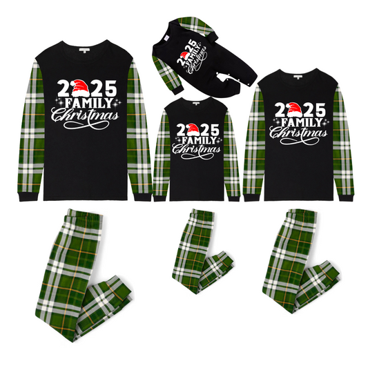 Christmas 2025 Family Matching Family Pajamas Set - Black Top, Green Pants, Plaid Pattern
