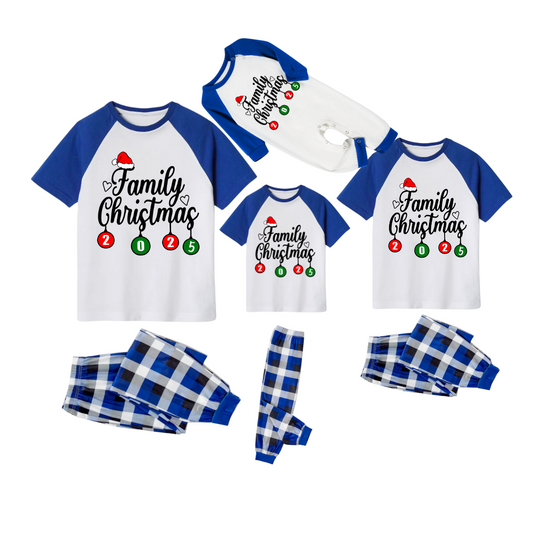 Family Christmas 2025 Family Pajamas Set - White Top Blue Sleeves Blue Plaid Pants Santa Hat and Heart Graphic