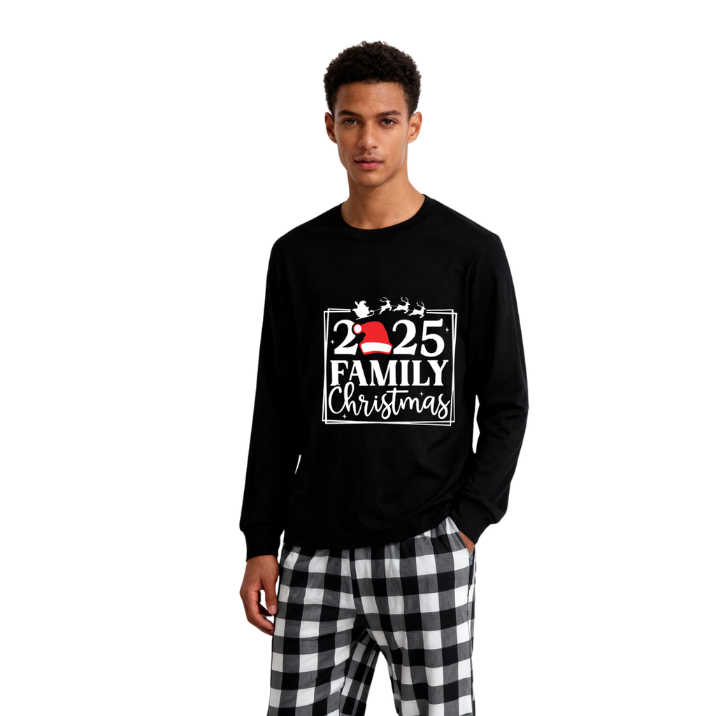 "2025 FAMILY CHRISTMAS" Text and Sleigh Pattern - Black Long Sleeve Top with Black And White Plaid Pants Family Matching Pajamas