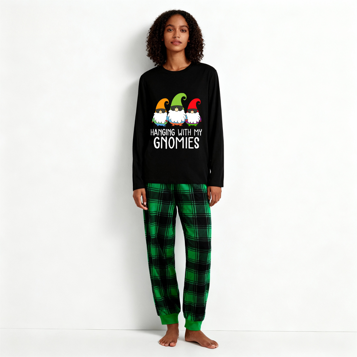"HANGING WITH MY GNOMIES" Green and Black Plaid Family Matching Pajamas
