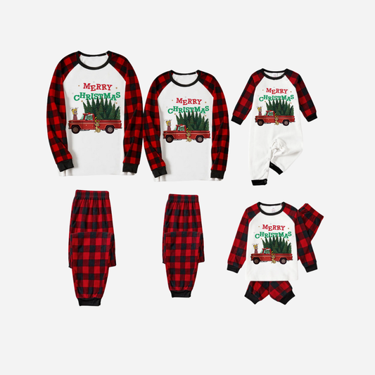 Red and Black Plaid Christmas Pajamas Set With "Merry Christmas" and Christmas Tree Print