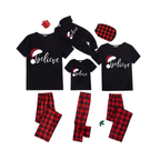 Believe Family Pajamas Set - Black Top Red Pants Red Plaid Sleeves Santa Hat Print