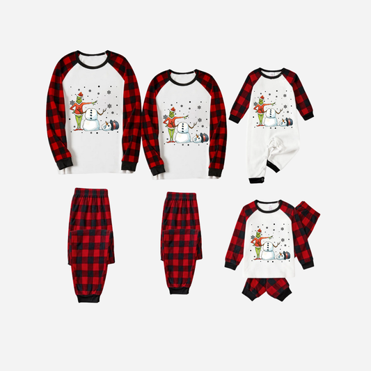 Red and Black Plaid Christmas Pajamas Set With Snowman and Christmas Grinch Print