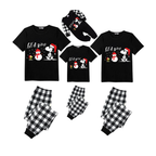 Let it Snow Snoopy Family Christmas Pajamas Set - Black Top Black and White Plaid Pants White Text Graphic