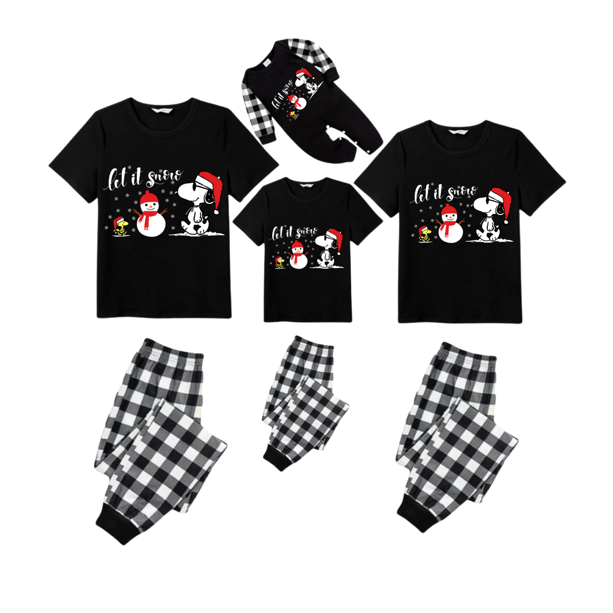 Let it Snow Snoopy Family Christmas Pajamas Set - Black Top Black and White Plaid Pants White Text Graphic